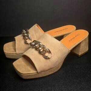 Lisa Vicky Magnetic-V Tan Camel Suede Slip on Heel Sandal Gold Chain